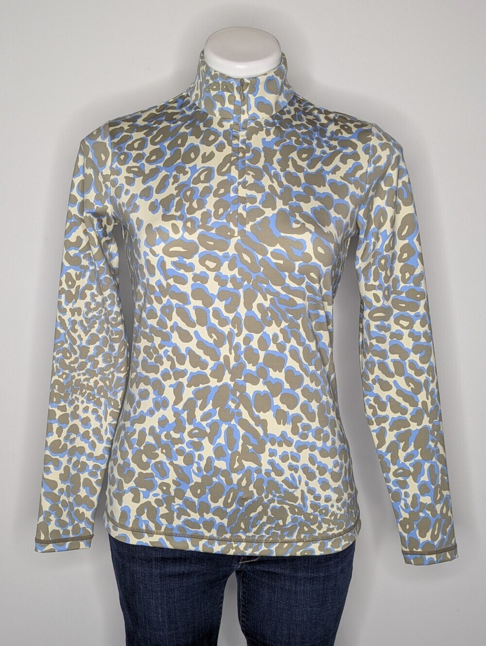 J McLaughlin Tan Blue Cheetah Leopard Animal Print 1/3 Zip Top XS